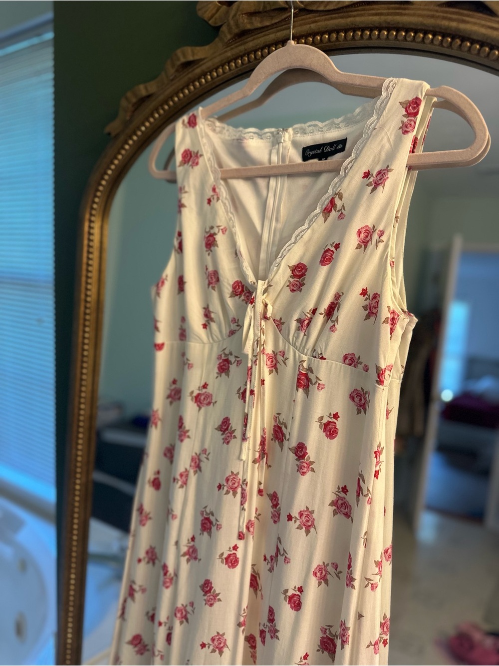 Crystal Doll Cream Sleeveless Floral Tunic with Pink Rose Print